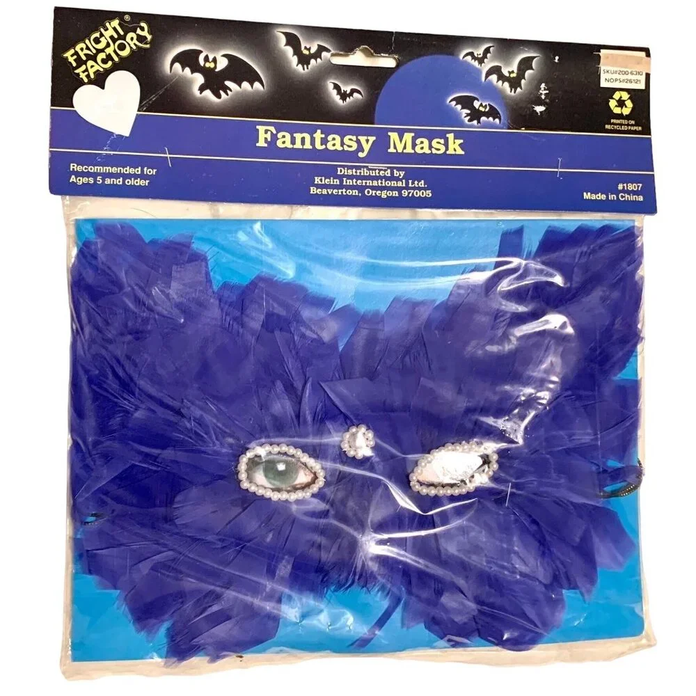 Fright Factory Fantasy Bird Mask Blue Feather Costume Halloween Mardi Gras